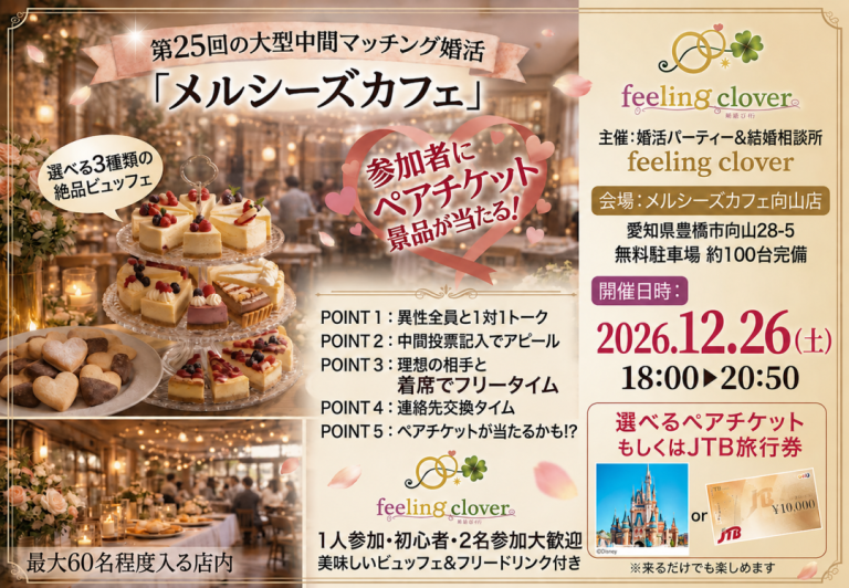 2026年12月26日開催・豊橋メルシーズカフェ第25回婚活パーティー、フィーリングクローバー約1000回目の開催